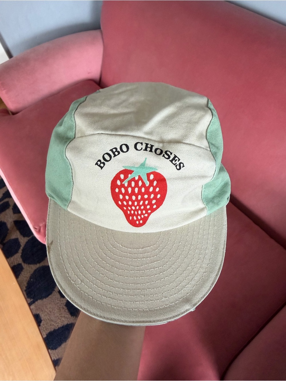 Bobo Choses Strawberry Cap in Cream and Mint little kid